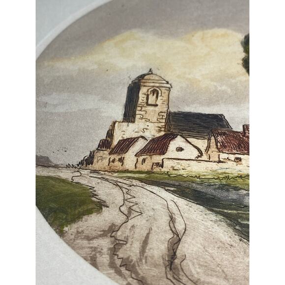 Geo Worn — Hand-Colored Etching Village Scene by River, European Landscape - Picture 5 of 6